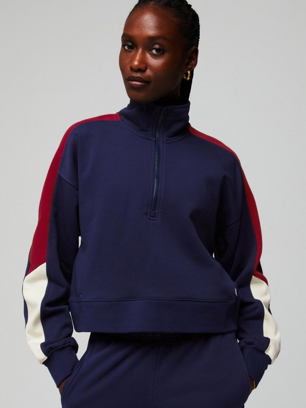 Fabletics Year Round Terry Colorblock Half Zip Sweatshirt Navy Red Size L NWT